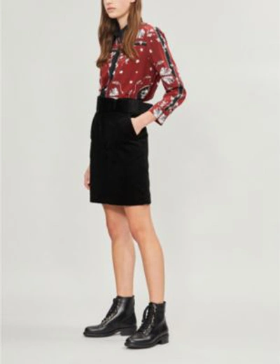 Shop Sandro Contrast-trim Printed Silk Shirt In Burgundy