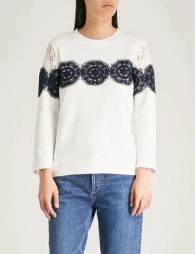 Shop Claudie Pierlot Lace-trim Cotton-jersey Sweatshirt In Ecru