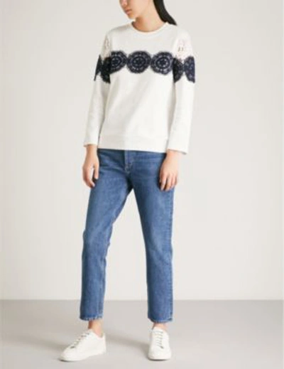 Shop Claudie Pierlot Lace-trim Cotton-jersey Sweatshirt In Ecru