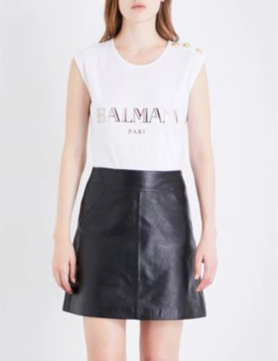 Shop Balmain Metallic Logo-print Cotton Top In Blanc