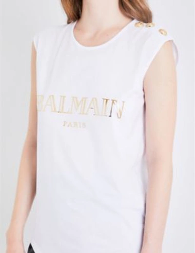 Shop Balmain Metallic Logo-print Cotton Top In Blanc