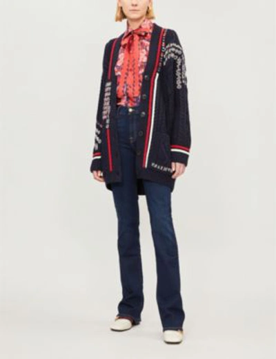 Shop Valentino Embellished Wool Cardigan In Navy