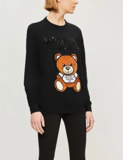 Shop Moschino Teddy-embroidered Sequin-embellished Wool Jumper In Black