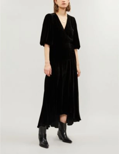 Shop Ganni Aldine Velvet Midi Wrap Dress In Black