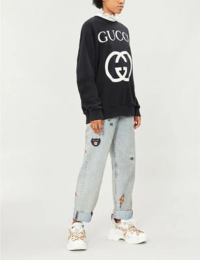 Shop Gucci Logo-print Cotton-jersey Sweatshirt In Black Ivory