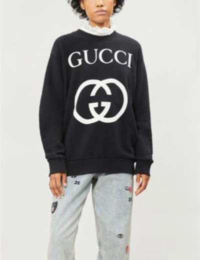 Shop Gucci Logo-print Cotton-jersey Sweatshirt In Black Ivory