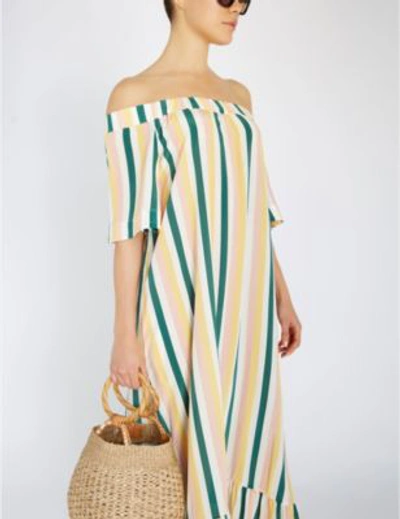 Shop Asceno Off-the-shoulder Striped Silk Crepe De Chine Dress In Multi Stripe