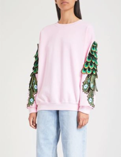 Shop Ragyard Peacock-embroidered Cotton-jersey Sweatshirt In Coral