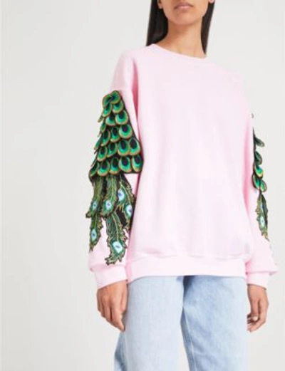 Shop Ragyard Peacock-embroidered Cotton-jersey Sweatshirt In Coral