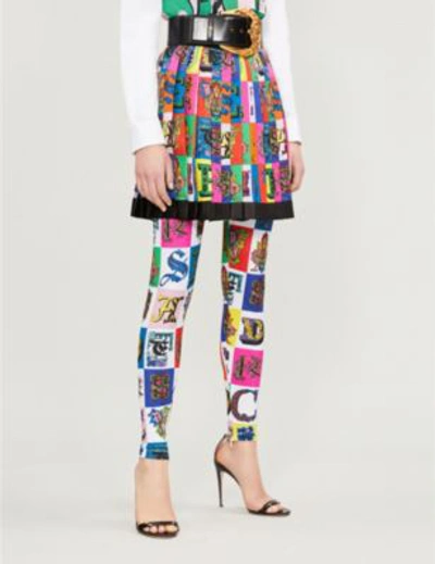 Shop Versace Logo-print Stretch-jersey Leggings In Printed Bckgrnd White