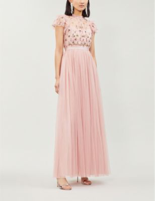 needle & thread embroidered tulle maxi dress with cap sleeve in rose