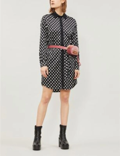 Shop Moschino Polka-dot Print Waist-tie Satin Shirt Dress In Black