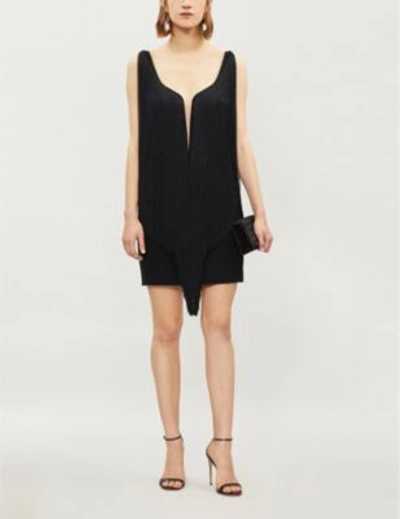 Shop Stella Mccartney Fringe-trim Stretch-crepe Mini Dress In Black