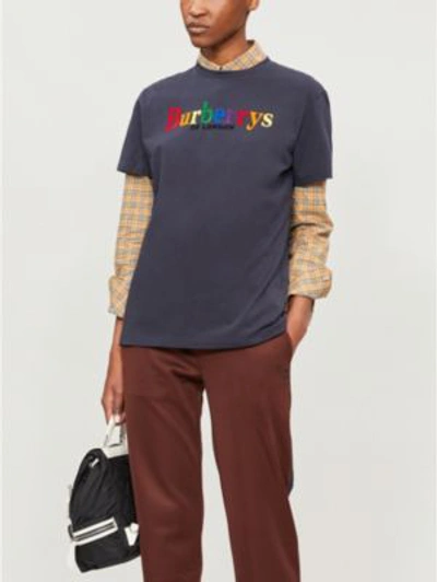 Shop Burberry Womens Navy Blue Check Rainbow Logo-embroidered Cotton-jersey Short Sleeve T-shirt