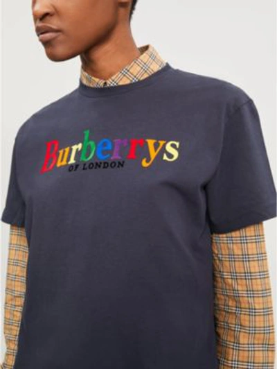 Shop Burberry Womens Navy Blue Check Rainbow Logo-embroidered Cotton-jersey Short Sleeve T-shirt