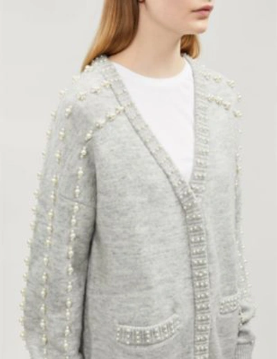 Maje Pearl-embellished Knitted Cardigan in Grey