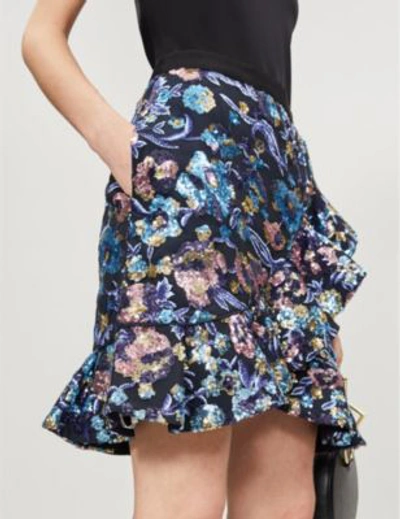 Shop Self-portrait Flounced Floral Sequinned Skirt In Multi