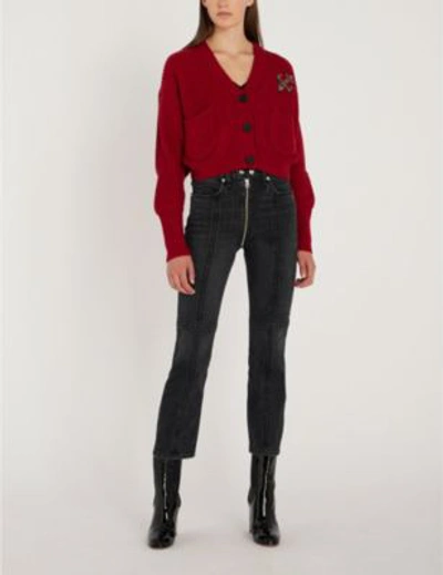 Shop The Kooples Embellished-patch Wool And Cashmere-blend Cardigan In Red01