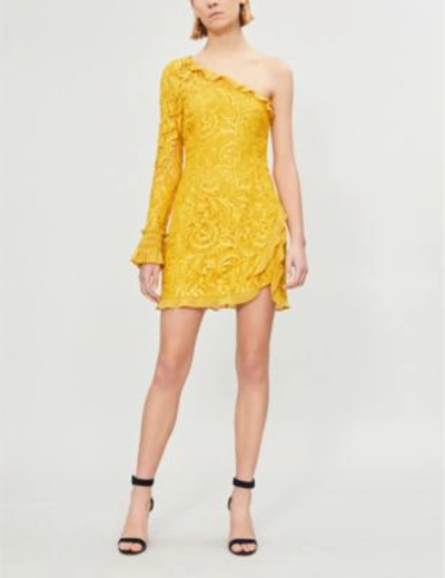 Shop Alexis Tansy One-shoulder Ruffle-trimmed Lace Dress In Gold Lace