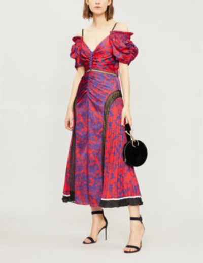 Shop Self-portrait Off-the-shoulder Lace-panelled Printed Satin Midi Dress In Blue-red