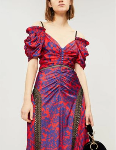 Shop Self-portrait Off-the-shoulder Lace-panelled Printed Satin Midi Dress In Blue-red