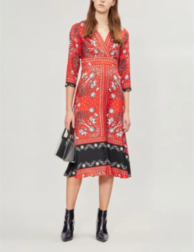 Shop Sandro Graphic-print Contrast-panel Silk Dress In Red