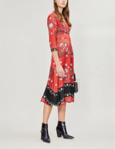 Shop Sandro Graphic-print Contrast-panel Silk Dress In Red