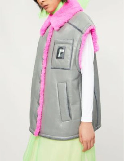 Shop Prada Sleeveless Leather And Shearling Jacket In Grigio/rosa