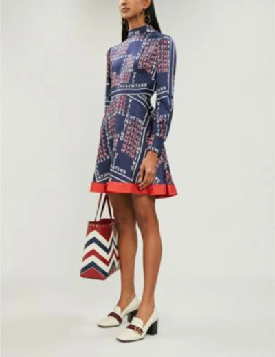 Shop Valentino Logo-print Silk-twill Mini Dress In Brick Pure Blue