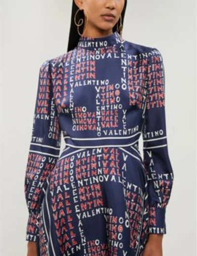 Shop Valentino Logo-print Silk-twill Mini Dress In Brick Pure Blue