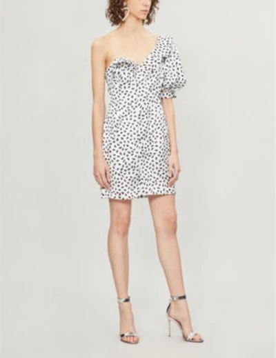 Shop Self-portrait Polka-dot Ruffled Satin Mini Dress In Ivory-black