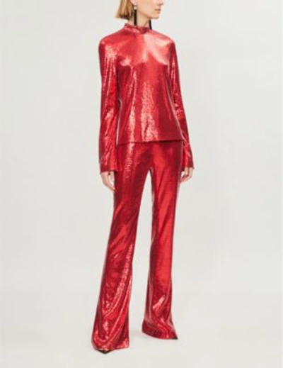 Shop Galvan Galaxy Flared High-rise Sequinned Trousers In Red
