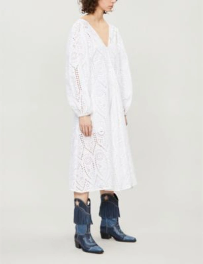 Shop Ganni Falcon Cotton-broderie Anglaise Midi Dress In Bright Wht