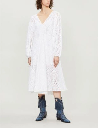 Shop Ganni Falcon Cotton-broderie Anglaise Midi Dress In Bright Wht