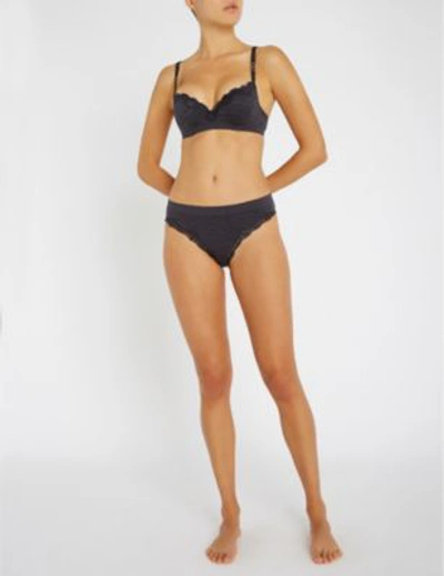 Shop Stella Mccartney Seamless Jersey And Lace Thong In Charcoal