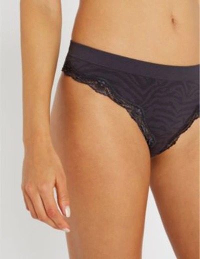 Shop Stella Mccartney Seamless Jersey And Lace Thong In Charcoal