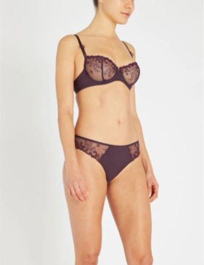 Shop Simone Perele Delice Jersey And Embroidered Mesh Thong In Hypnotic Purple
