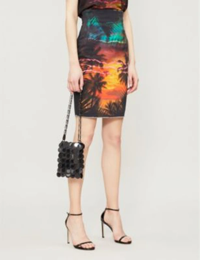 Shop Balmain Graphic-print High-rise Fitted Stretch-denim Skirt In Black Orange