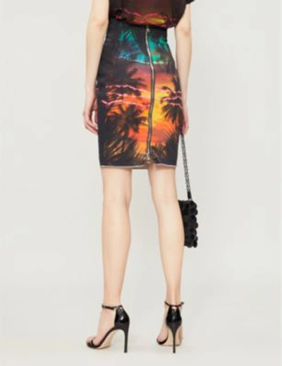 Shop Balmain Graphic-print High-rise Fitted Stretch-denim Skirt In Black Orange