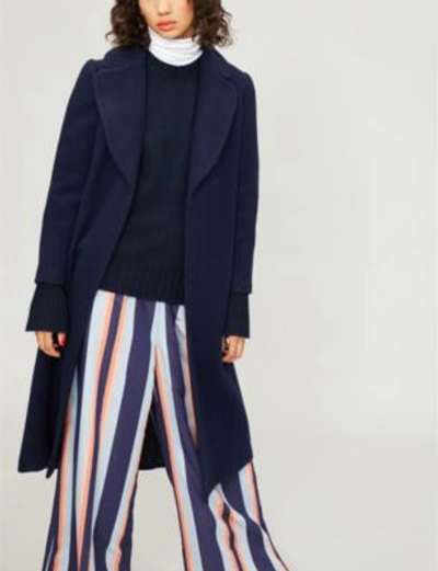 Shop Claudie Pierlot Guy Belted Wool-blend Coat In Midnight Blue