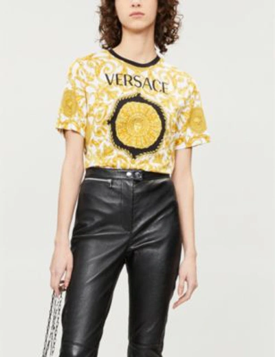 Shop Versace Logo-print Cotton-jersey T-shirt In Gold Print