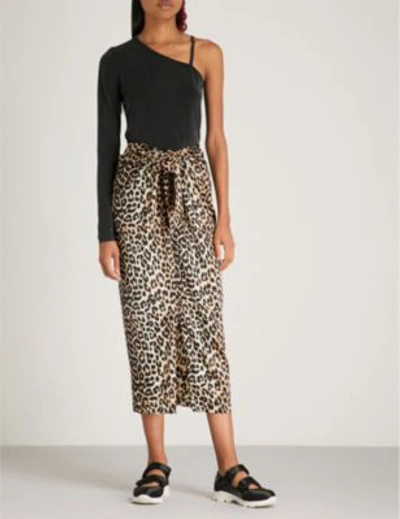Ganni Black And Brown Calla Leopard-print Stretch-silk Midi Skirt In Leopard  Print | ModeSens