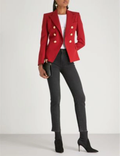 Shop Balmain Double-breasted Woven Blazer In Red