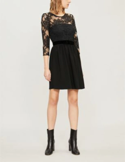 Shop Claudie Pierlot Velvet-trimmed Floral-lace And Crepe Mini Dress In Black