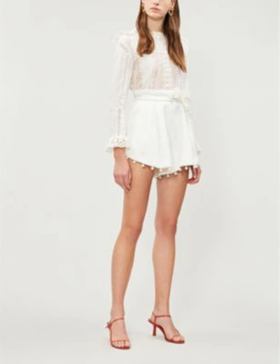 Shop Zimmermann Cream Floral Corsage Linen Shorts In Ivory