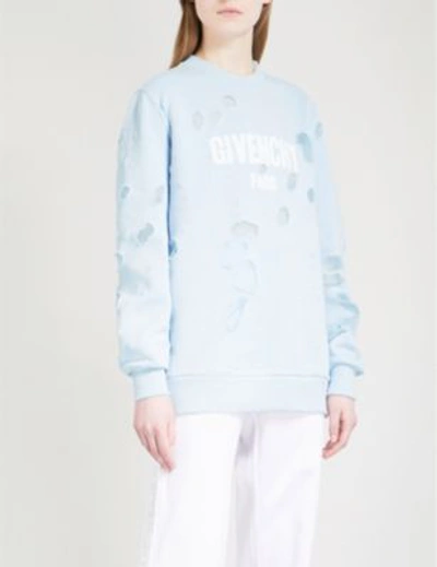 Shop Givenchy Destroyed Logo Cotton-jersey Sweatshirt In Light Blue