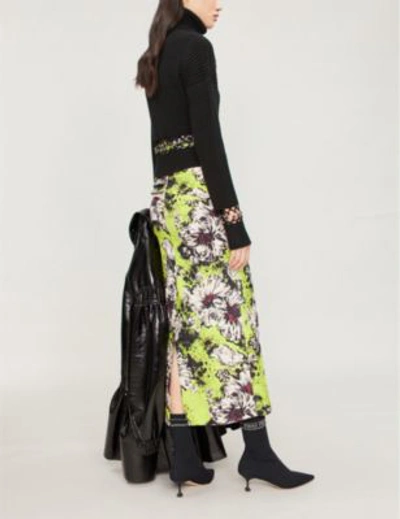 Shop Miu Miu Floral-print Silk-blend Midi Skirt In Felce