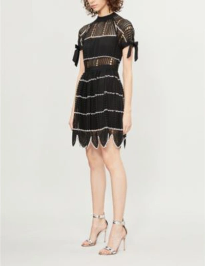 Shop Self-portrait Scallop-trimmed Monochrome Crochet Dress In Black