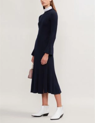 Shop Sandro Contrast Collar Knitted Midi Dress In Deep Navy