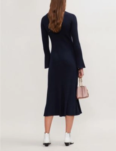 Shop Sandro Contrast Collar Knitted Midi Dress In Deep Navy